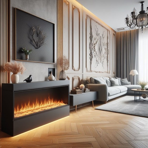 Modern living room with electric fireplace and elegant decor